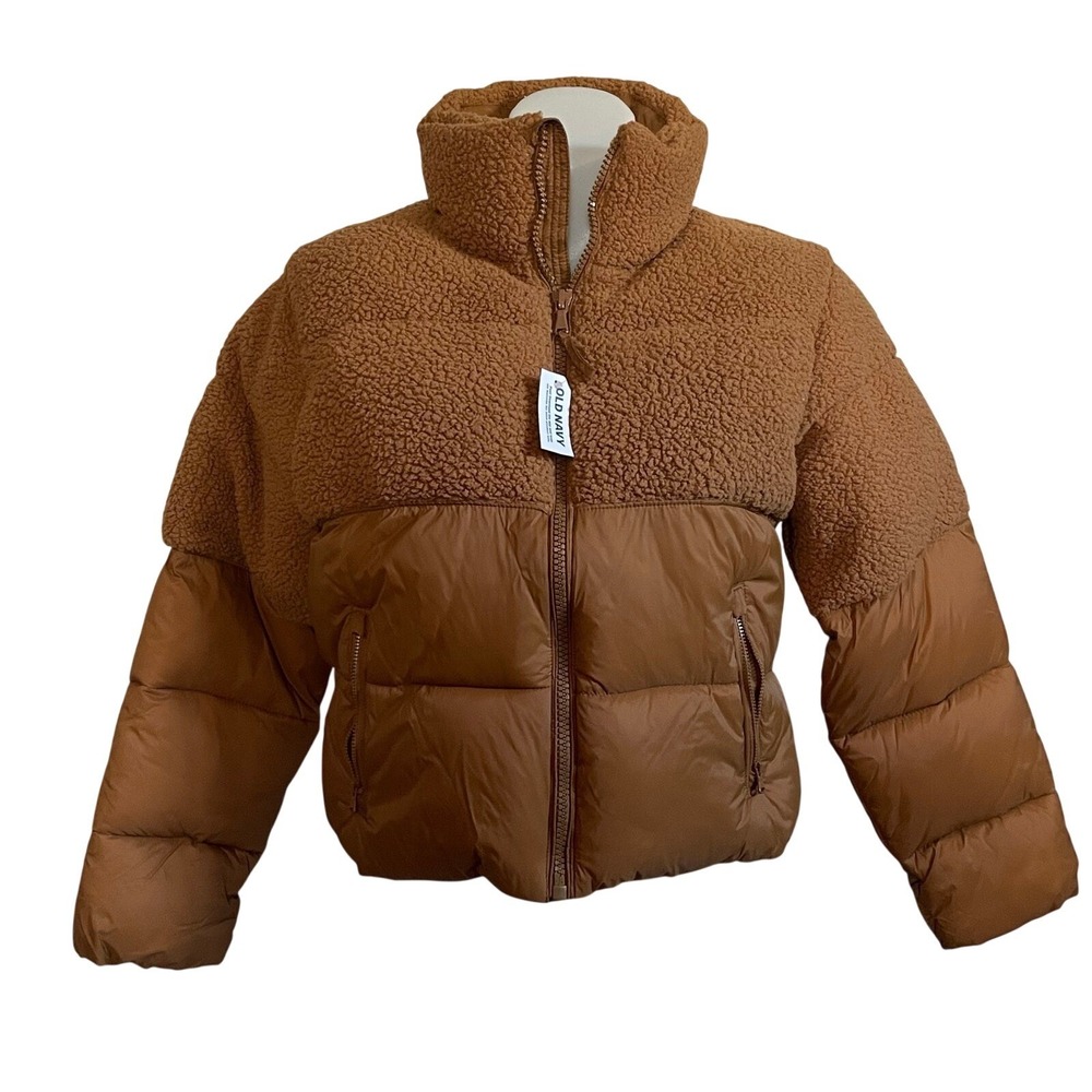 NEW NWT Old Navy Brown / Camel Sherpa Puffer Cropped Jacket Coat S Small